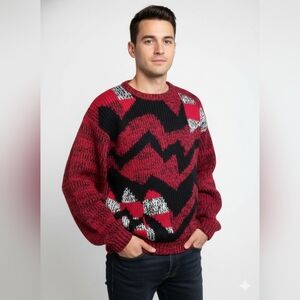 Vintage Le Tigré Red and Black Geometric Mens Sweater